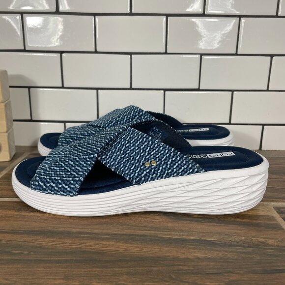 Ryka Nadine Womens Size 8 Shoes Navy Blue Stretch Cross Strap Wedge Slide Sandal - Picture 1 of 14